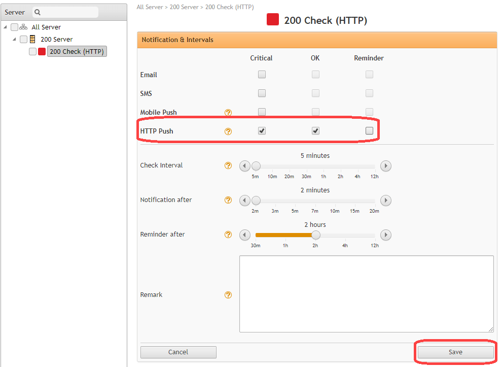 Select HTTP Push for Critical and OK.